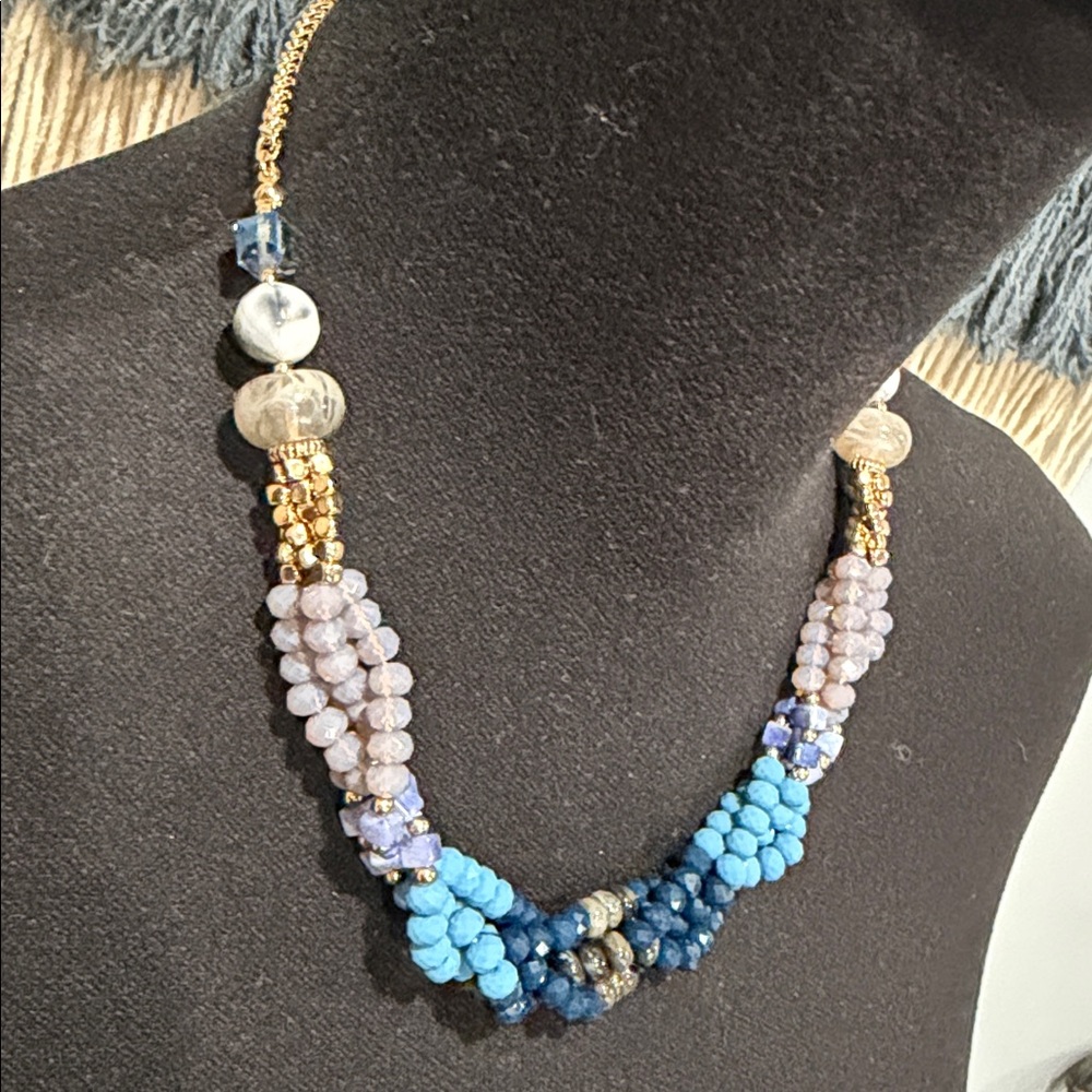 Boutique Multi Strand Blue Statement Necklace | Gold Accents - Picture 4 of 11
